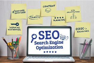 A realistic generated image of a laptop displaying, "SEO, Search Engine Optimization," with a pen holder on either side and sticky notes on the wall behind that contain SEO keywords.